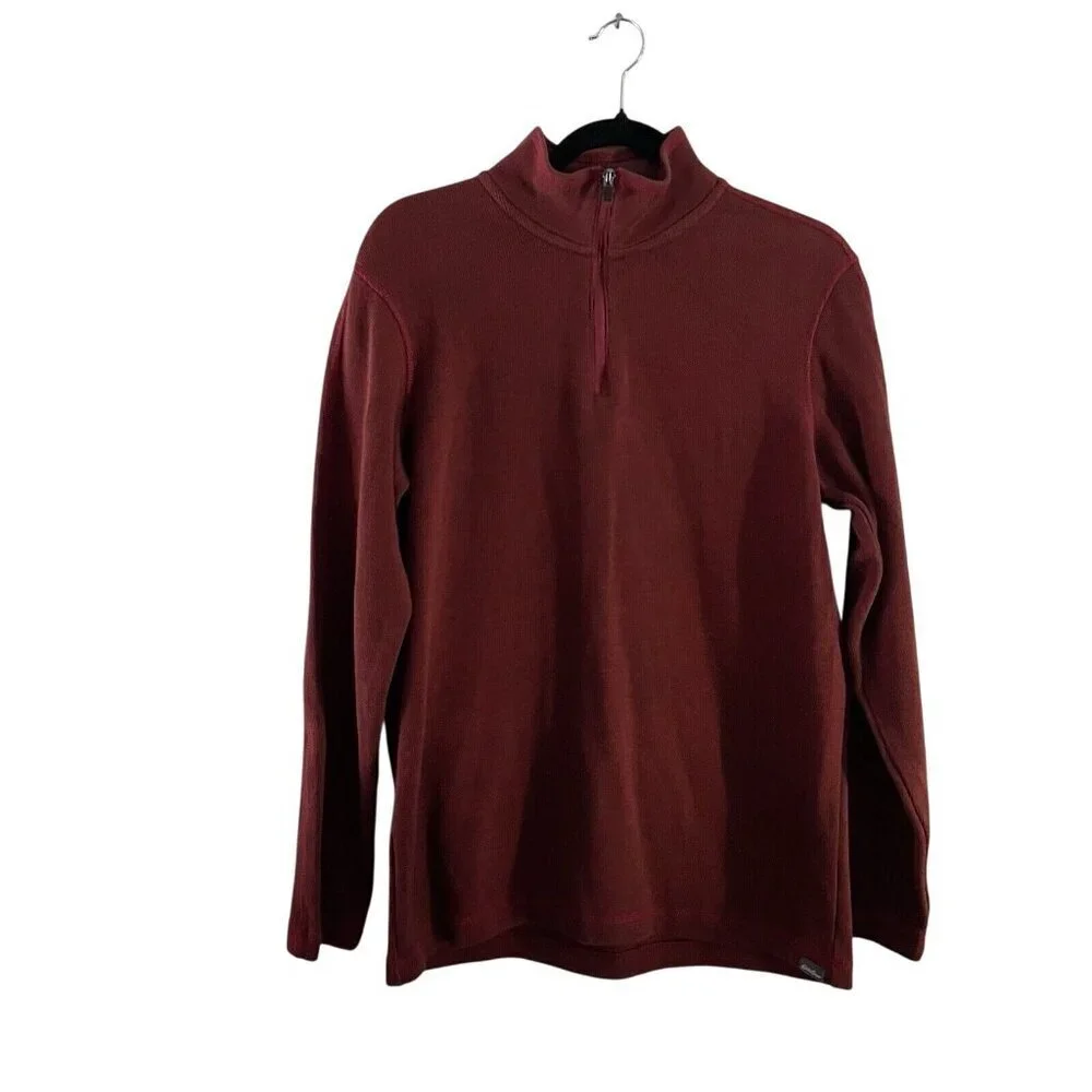 Eddie Bauer Men SZ M Orange/Brown 1/4 Zip Collared Pullover Long Sleeve Shirt